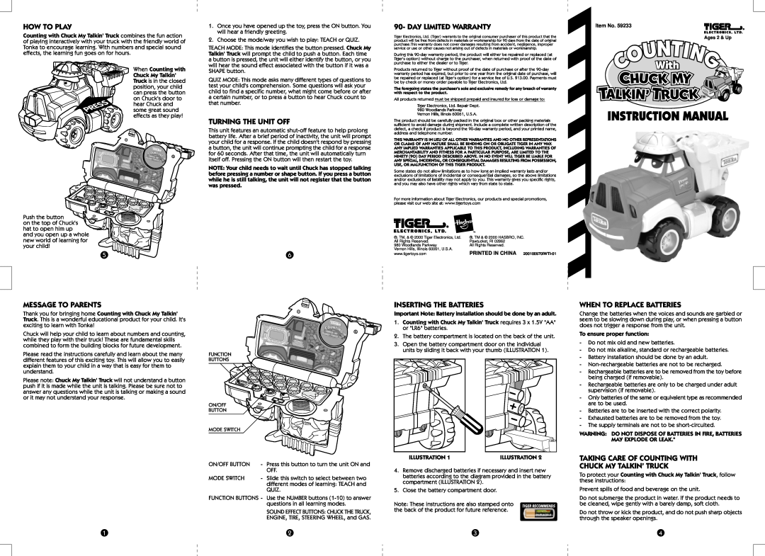Hasbro 59233 instruction manual Instruction Manual, How To Play, Turning The Unit Off, Day Limited Warranty 