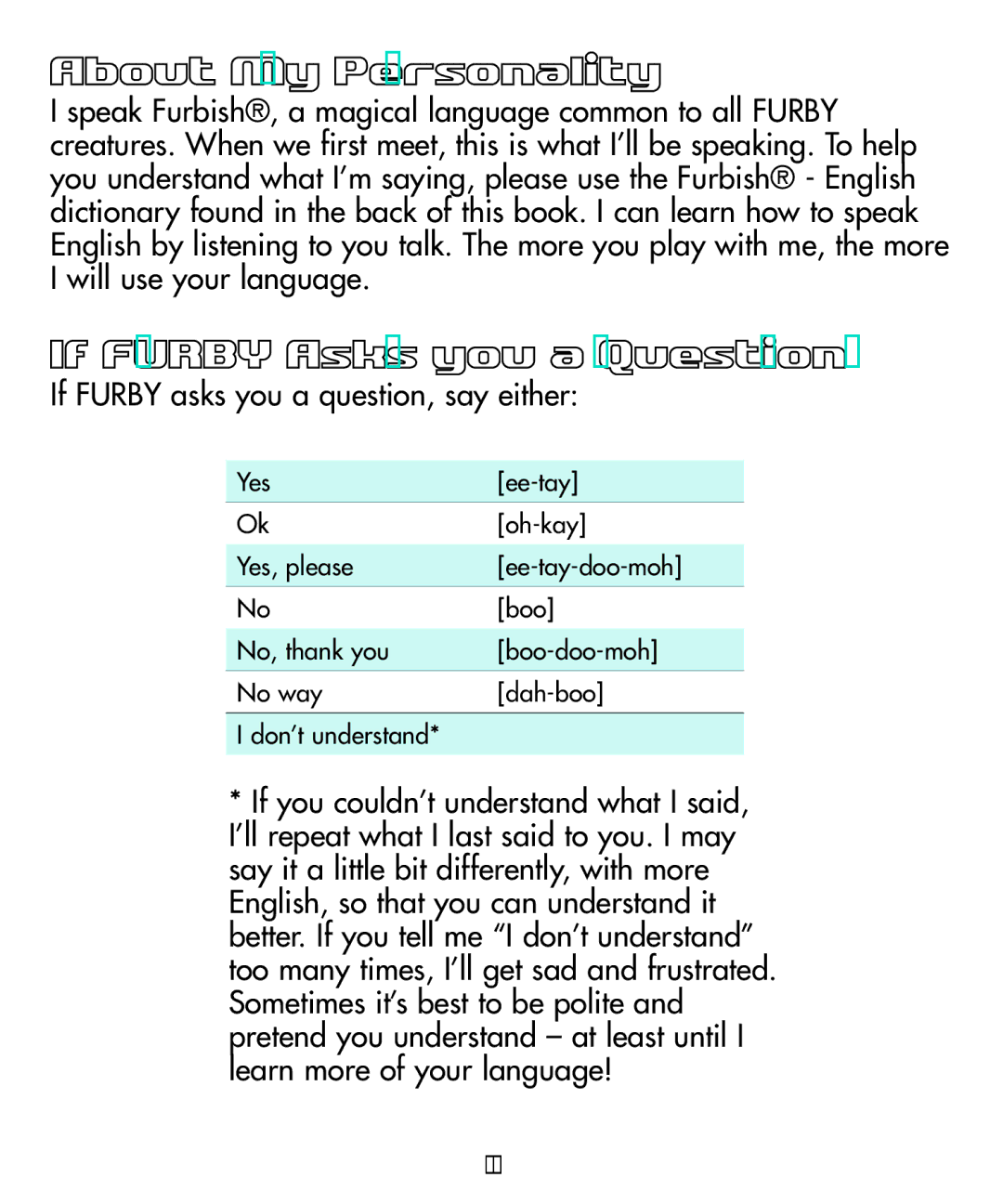 Hasbro 59294 manual About My Personality, If Furby Asks you a Question 