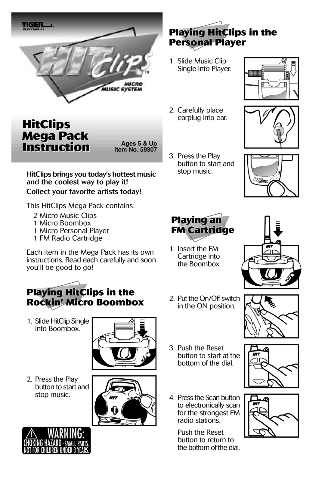 Hasbro 59307 manual Playing HitClips in the Rockin’ Micro Boombox, Playing HitClips in the Personal Player 