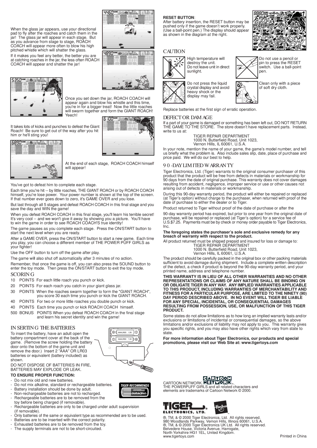 Hasbro 59522 manual Scoring, Inserting the Batteries, Defect or Damage, DAY Limited Warranty, Reset Button 