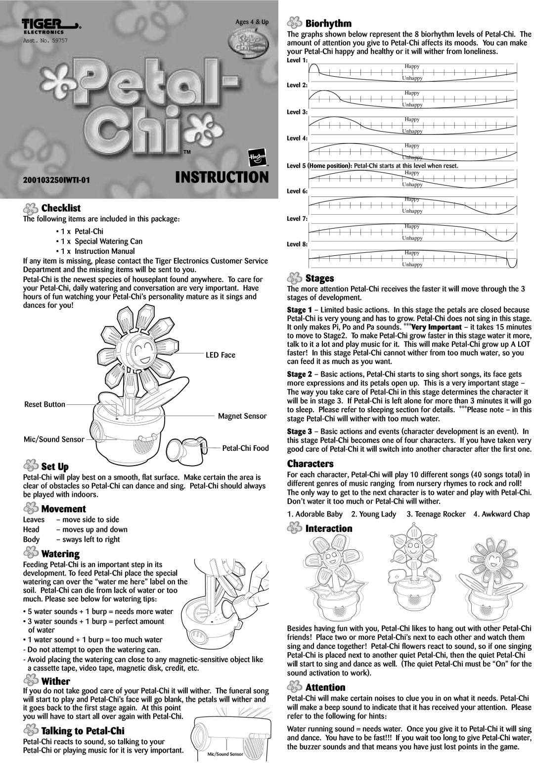 Hasbro 59757 instruction manual Checklist, Set Up, Movement, Watering, Wither, Talking to Petal-Chi, Biorhythm, Stages 