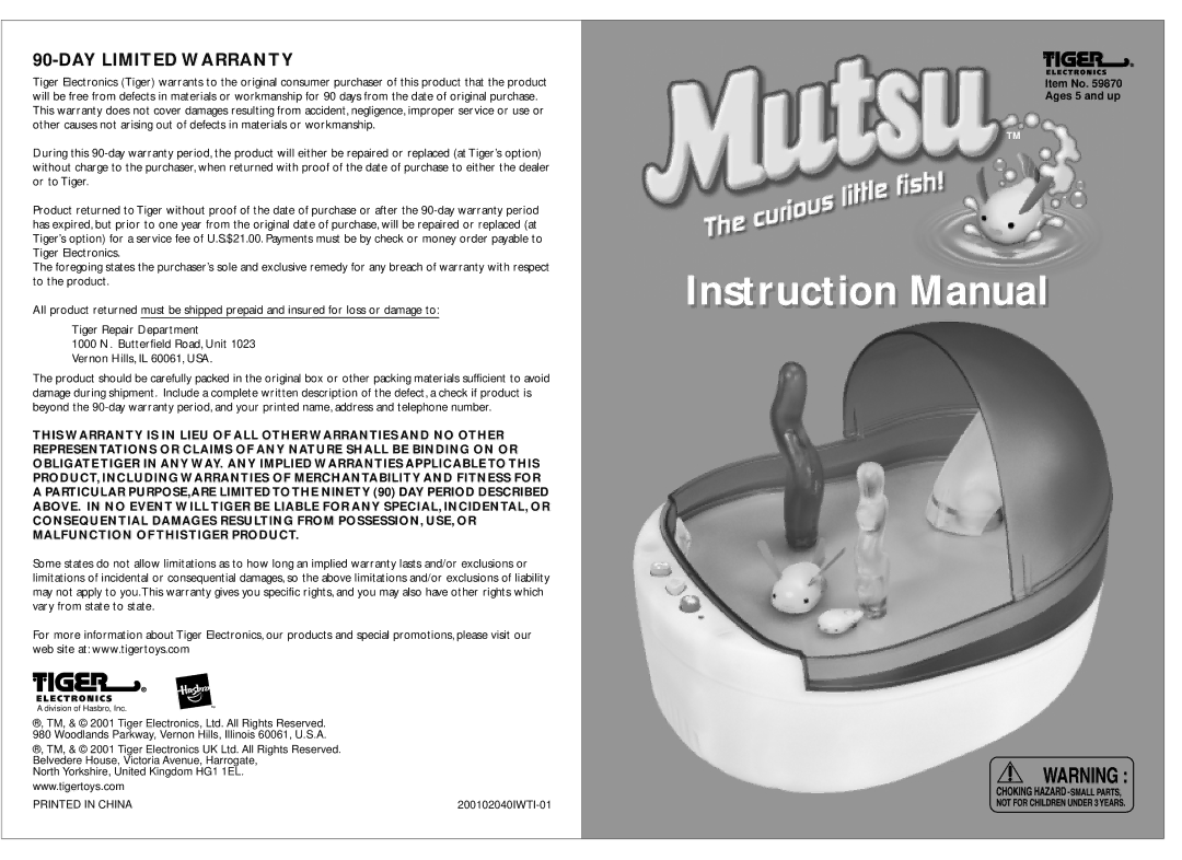 Hasbro 59870 instruction manual Instructioni Manuall, DAY Limited Warranty 