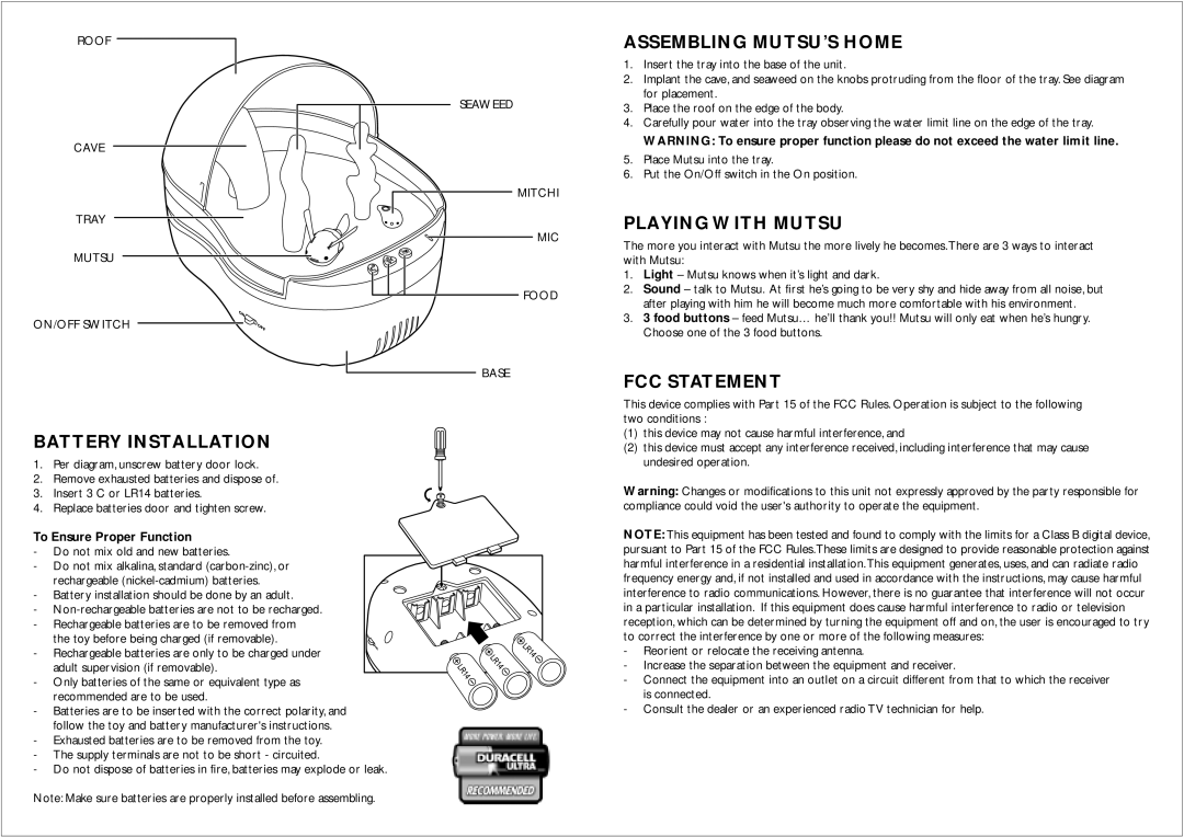 Hasbro 59870 Assembling MUTSU’S Home, Playing with Mutsu, FCC Statement, Battery Installation, To Ensure Proper Function 