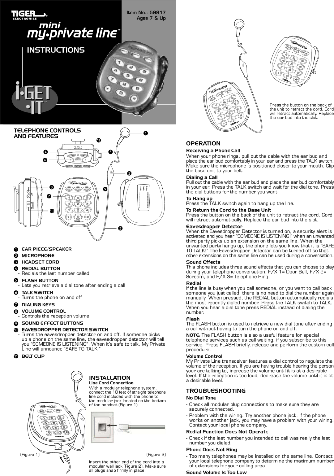 Hasbro 59917 manual Telephone Controls Features, Installation, Operation, Troubleshooting 