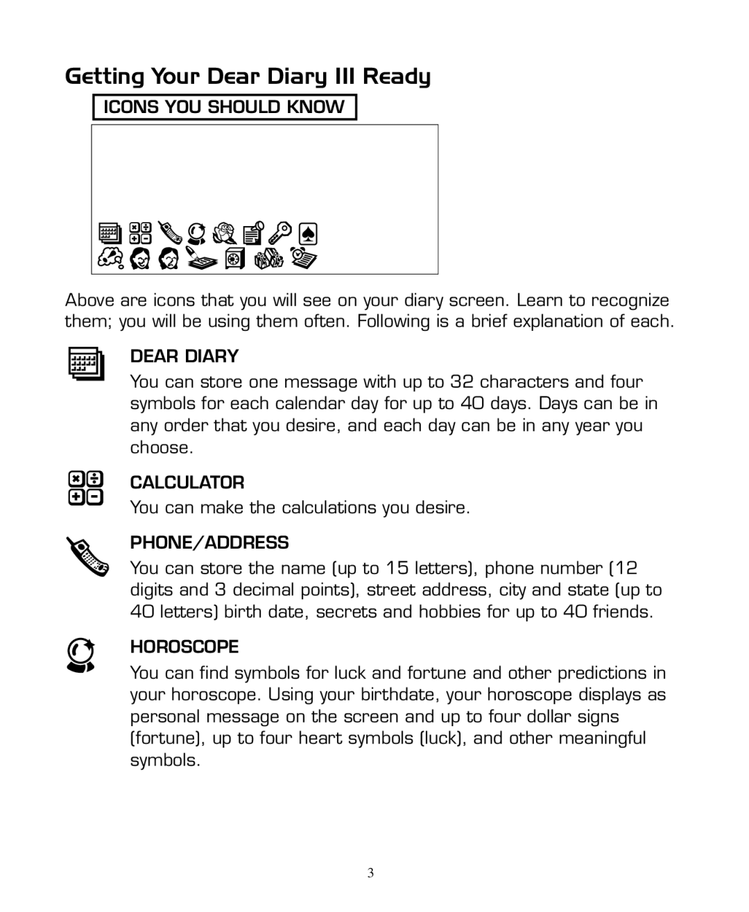 Hasbro 59919 manual Icons YOU should Know, Dear Diary, Calculator, Phone/Address, Horoscope 