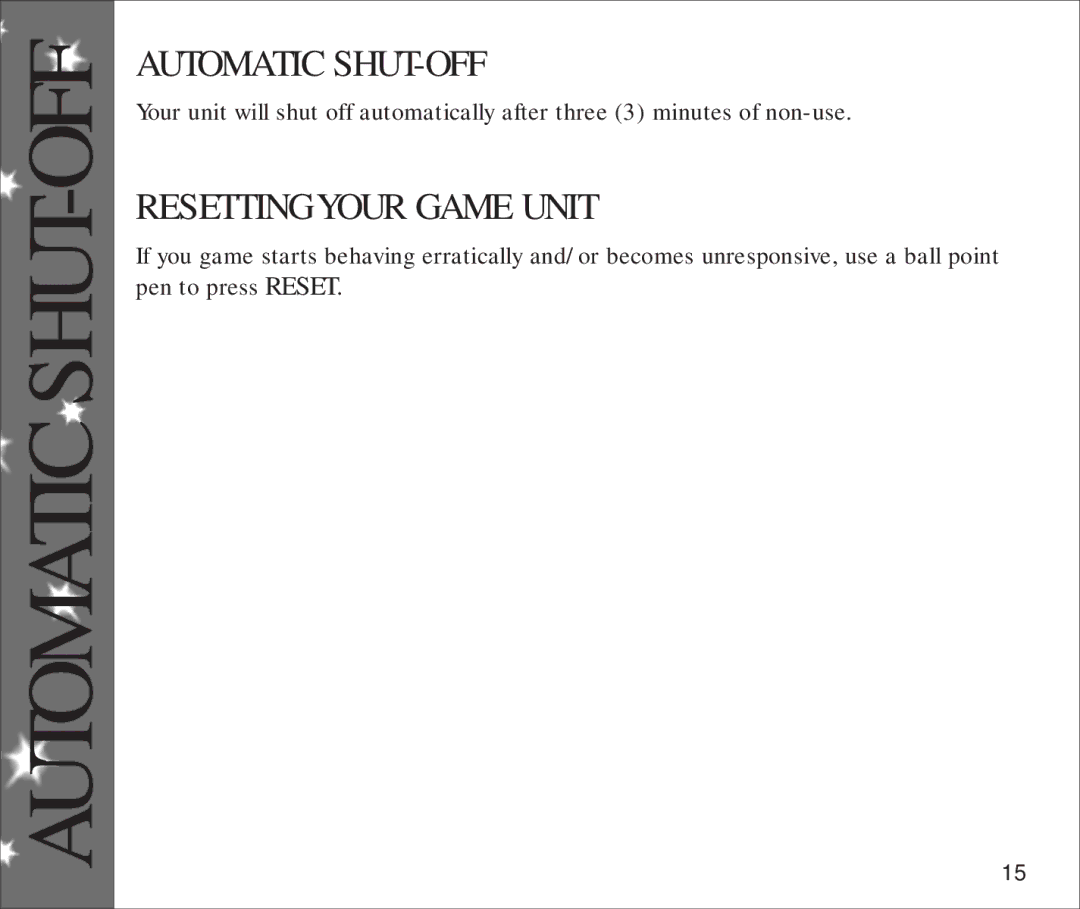 Hasbro 59939 manual Automatic SHUT-OFF, Resetting Your Game Unit 