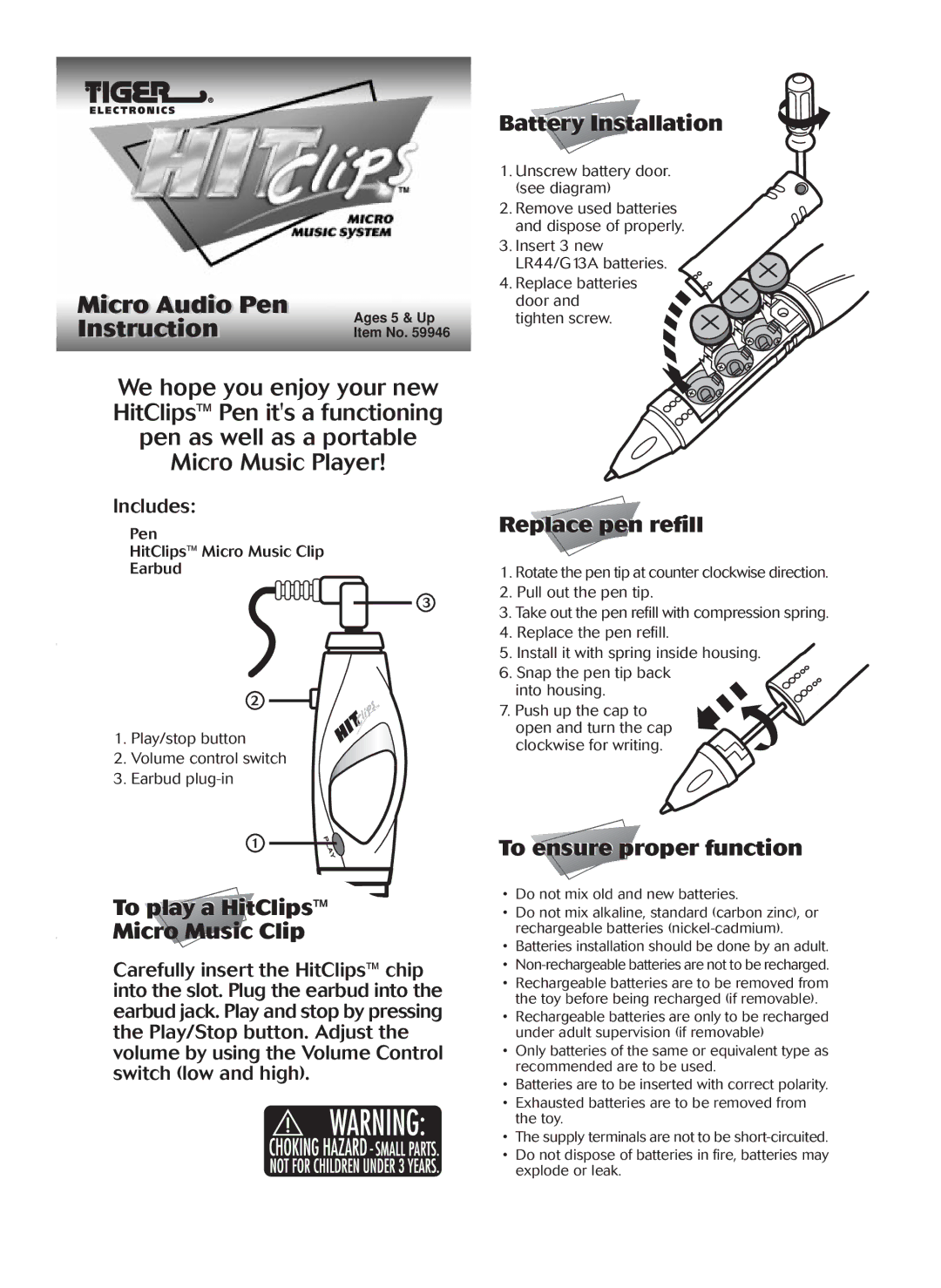 Hasbro 59946 manual Microi Audioio Pen, Instructioni, Micro Music Clip 