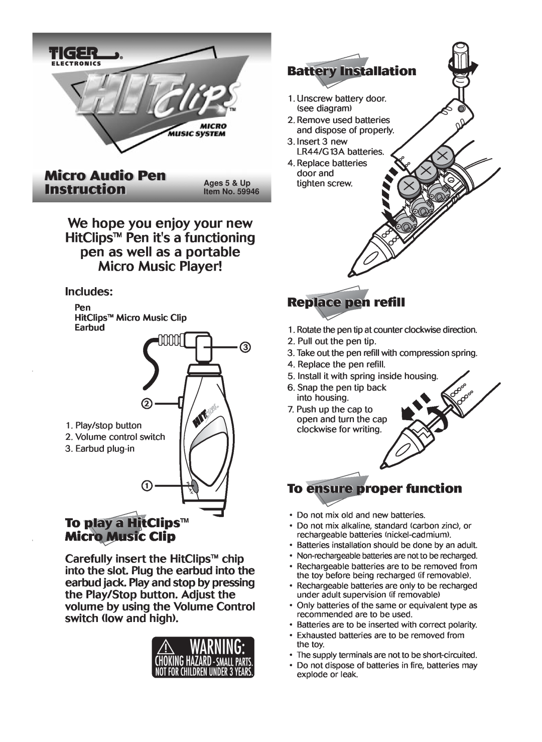 Hasbro 59946 manual To play a HitClips Micro Music Clip, Battery Installation, Replace pen refill, Microi Audioio Pen 