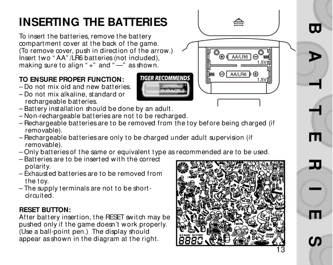 Hasbro 60-044 manual T T E R I E S, Inserting the Batteries 