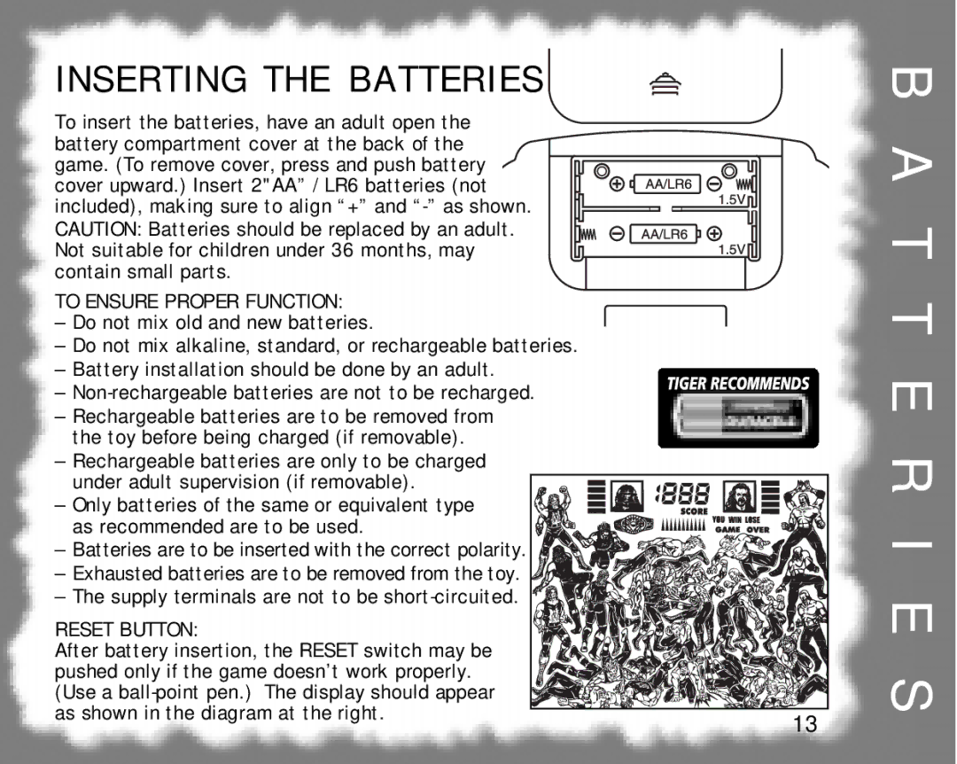 Hasbro 60-051 manual T T E R I E S, Inserting the Batteries 