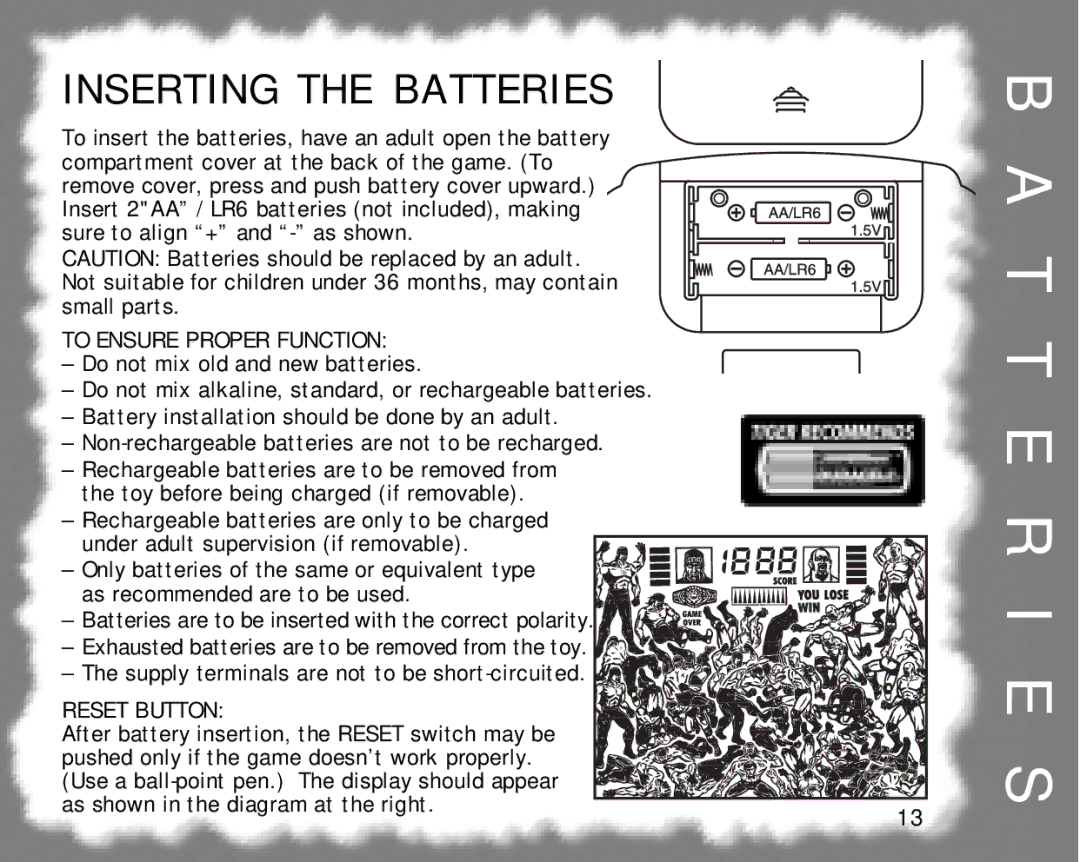 Hasbro 60-052 manual T T E R I E S, Inserting the Batteries 