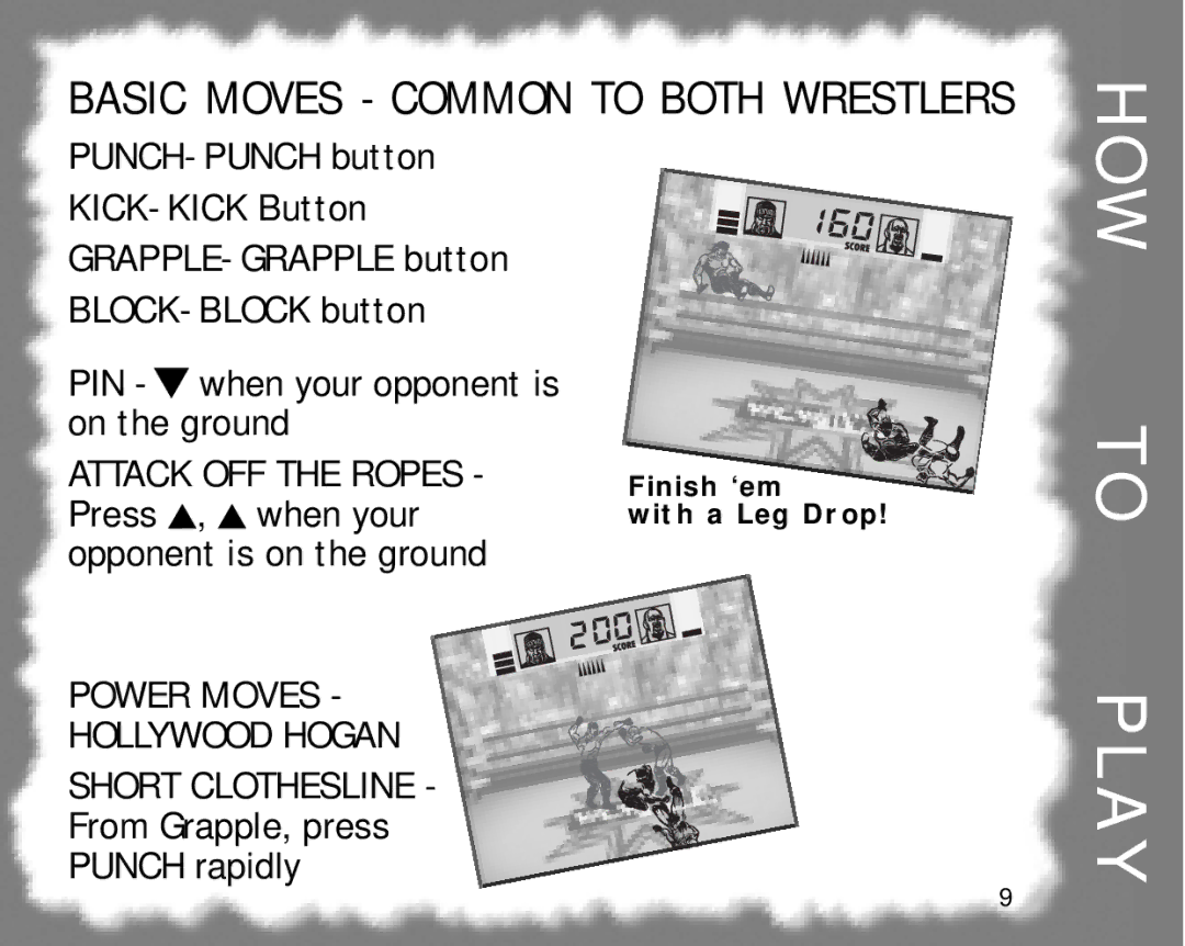 Hasbro 60-052 manual Basic Moves Common to Both Wrestlers, Power Moves Hollywood Hogan Short Clothesline 