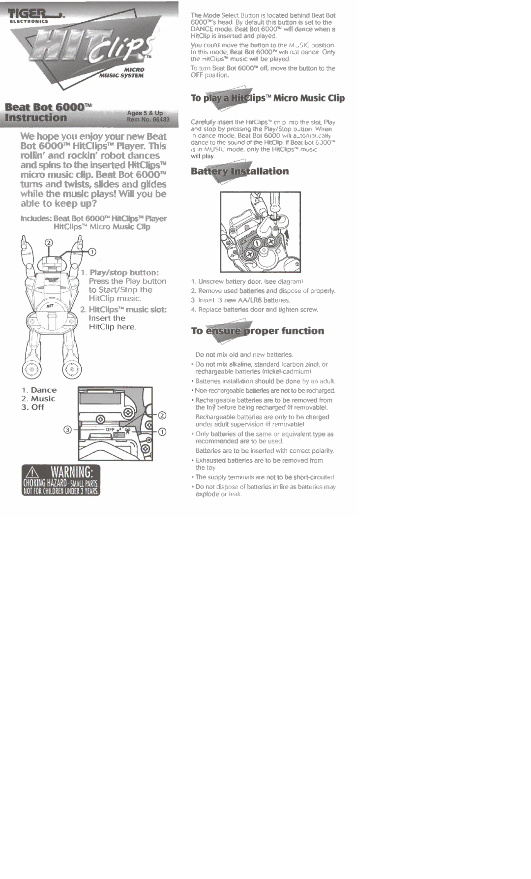 Hasbro 6000 manual Andspins to the inserted Hips, Micro music dip. Beat Bot, Turnsand twists,slides and glides 