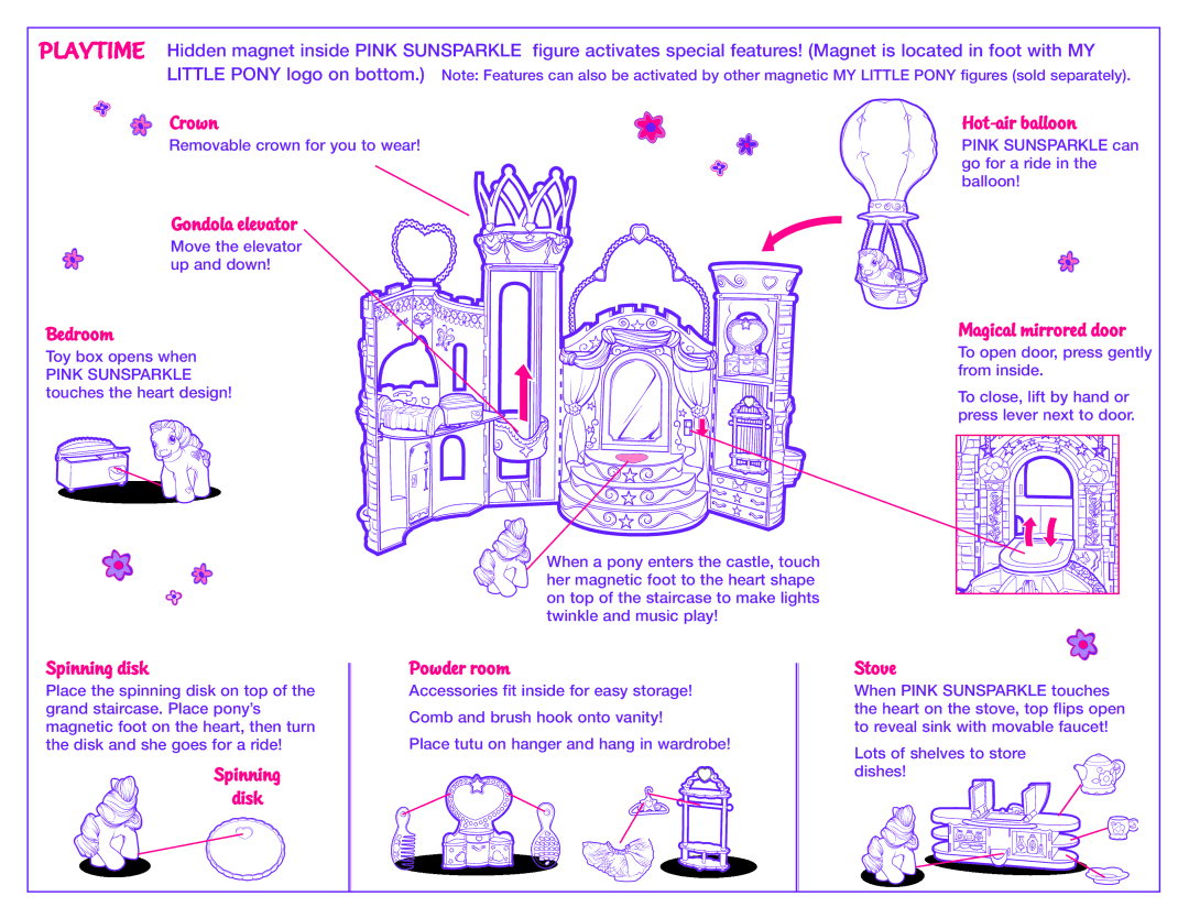 Hasbro 60070 manual Gondola elevator, Bedroom, Hot-air balloon, Magical mirrored door, Spinning Disk Powder room, Stove 