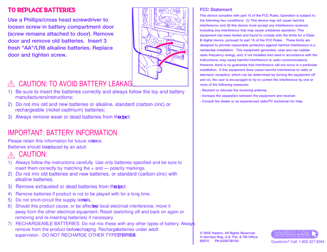 Hasbro 60070 manual To Replace Batteries, Important Battery Information 