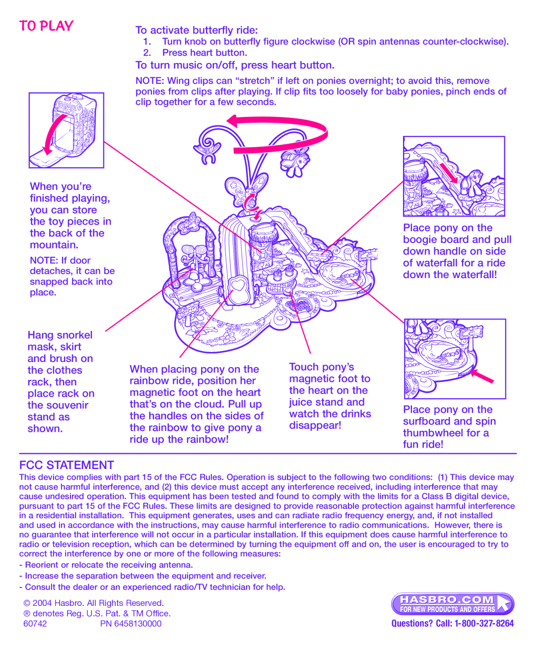 Hasbro 60742 manual To Play, FCC Statement, To activate butterfly ride 