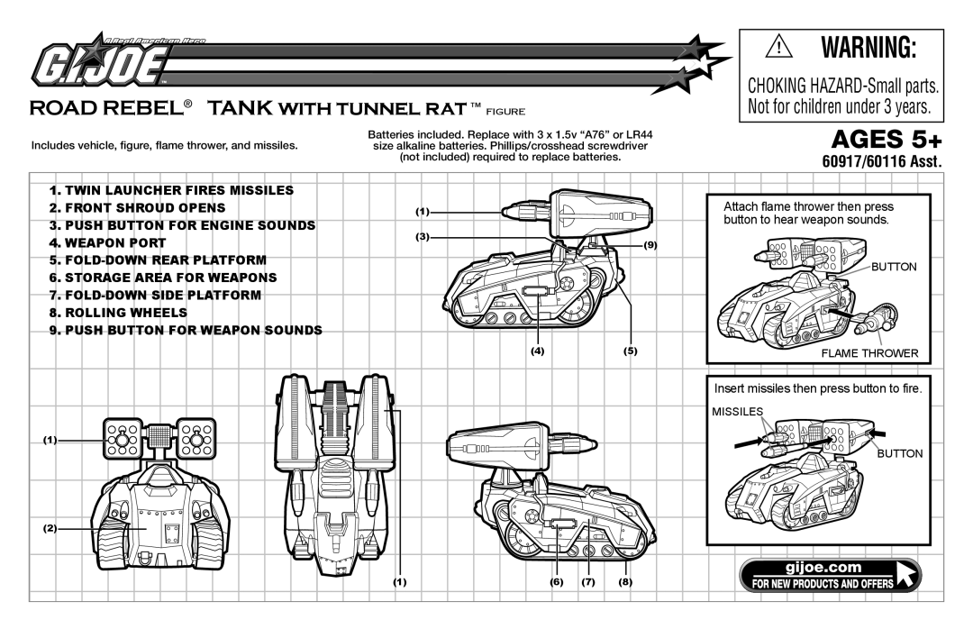 Hasbro 60116, 60917 manual Ages 5+, Road Rebel Tank with tunnel rat Figure, Not for children under 3 years 