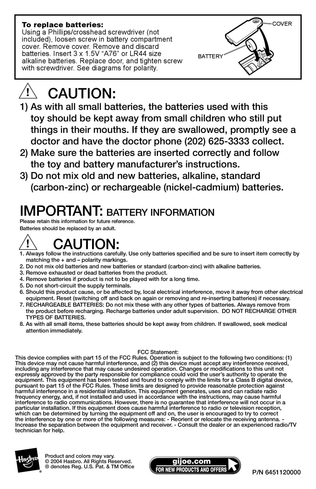 Hasbro 60917, 60116 manual Important Battery Information 