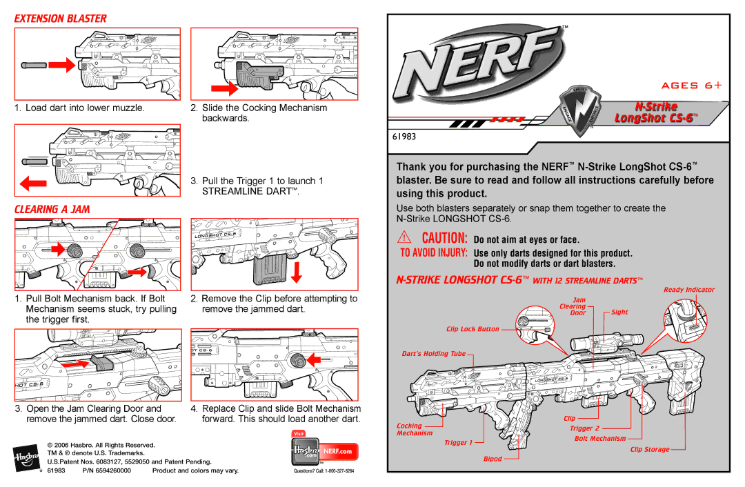 Hasbro 61983 manual Extension Blaster Ages 6+, Clearing a JAM, Strike LongShot CS-6, Streamline Dart 