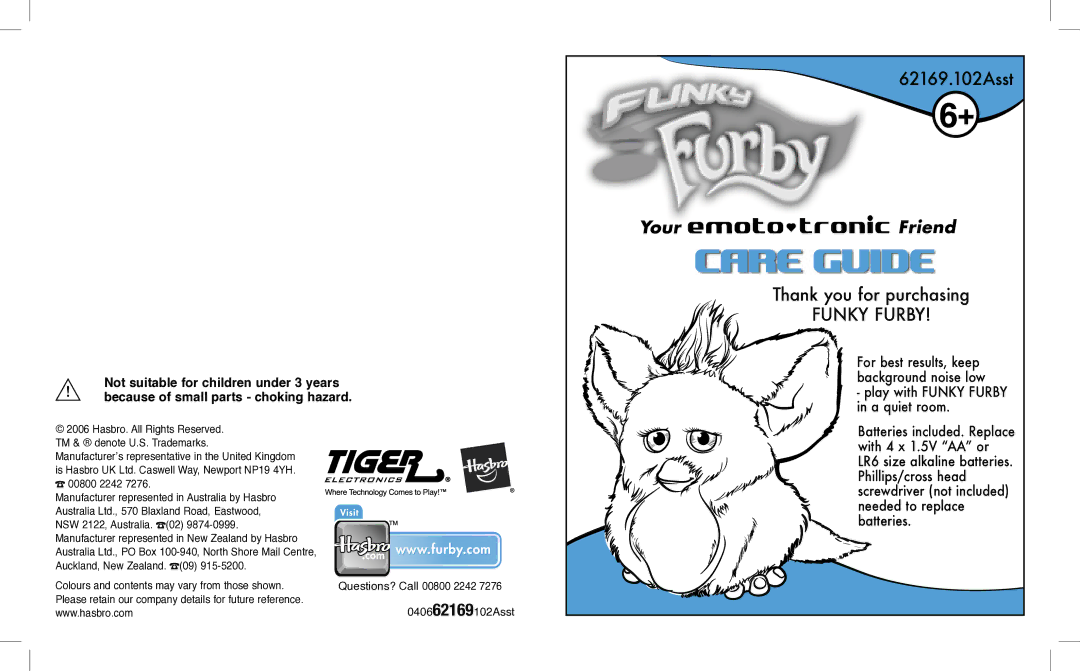 Hasbro 62169.102 manual Care Guide, Play with Funky Furby in a quiet room 