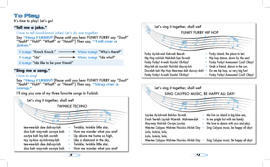 Hasbro 62169.102 manual To Play, Itʼs time to play! Letʼs go, Tell me a joke, Joke, Sing me a song 