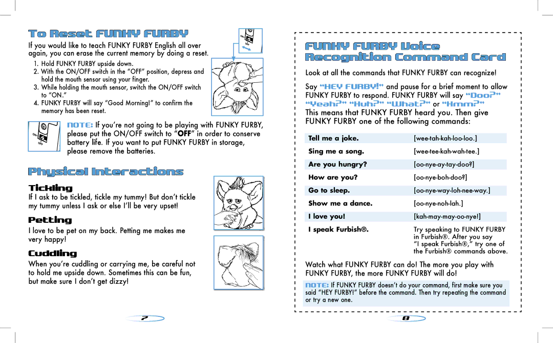 Hasbro 62169.102 manual To Reset Funky Furby, Physical Interactions, Funky Furby Voice Recognition Command Card 