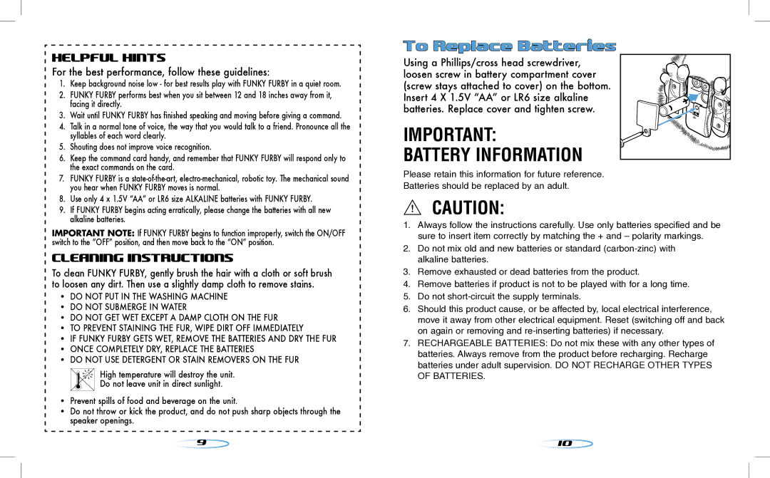 Hasbro 62169.102 manual To Replace Batteries, For the best performance, follow these guidelines 