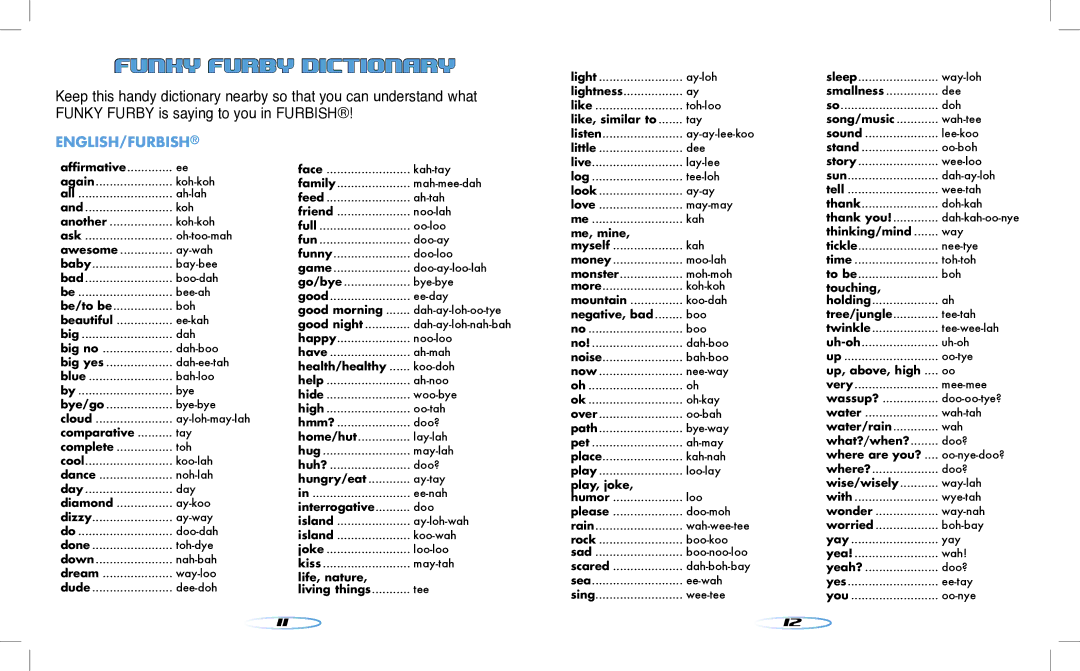 Hasbro 62169.102 manual Funky Furby Dictionary, English/Furbish 