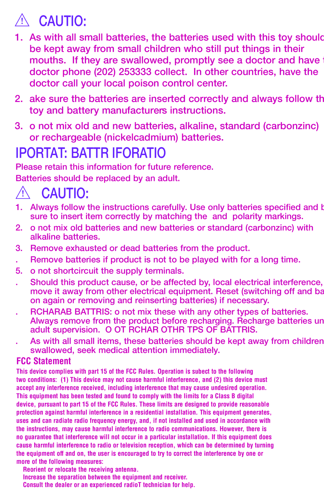 Hasbro 62321/62319, 62320 manual Important Battery Information, FCC Statement 