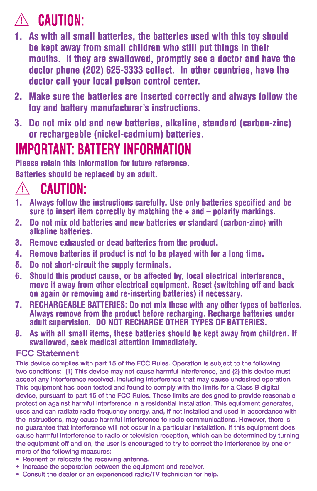 Hasbro 62321/62319, 62320 manual Important Battery Information, FCC Statement 