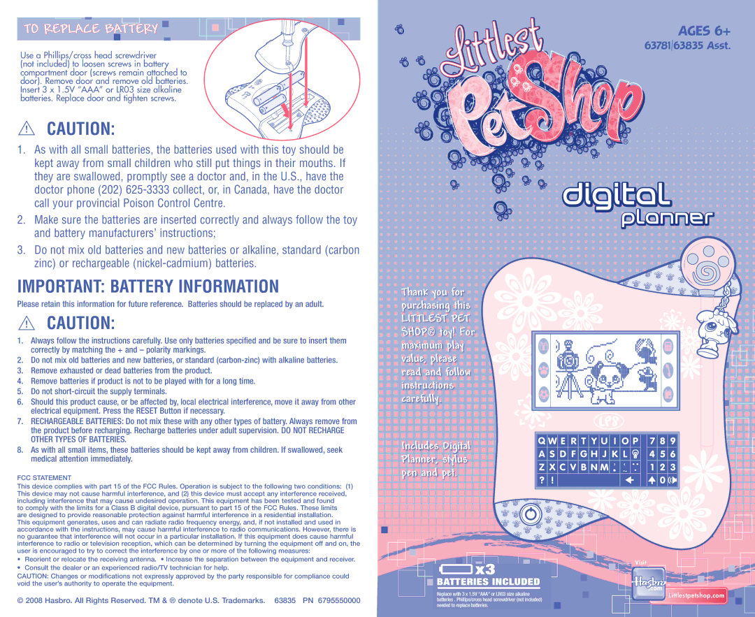 Hasbro 63781/63835 manual Important Battery Information, To Replace Battery 