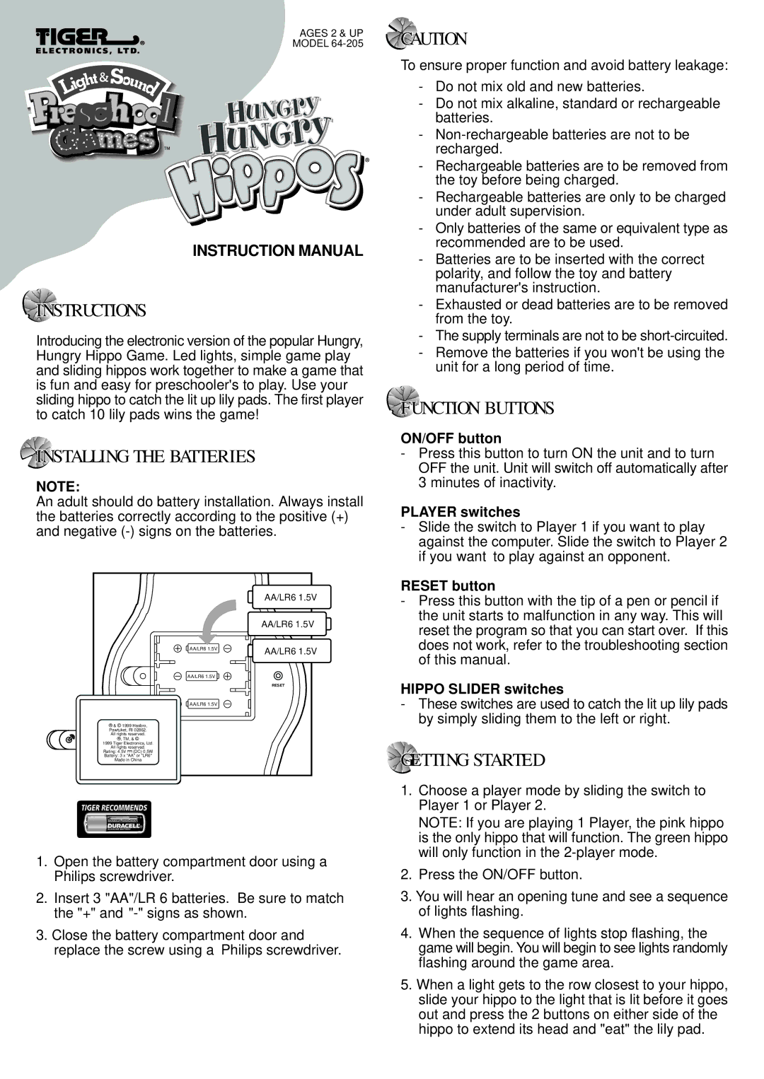 Hasbro 64-205 instruction manual Instructions, Installing the Batteries, Function Buttons, Getting Started 