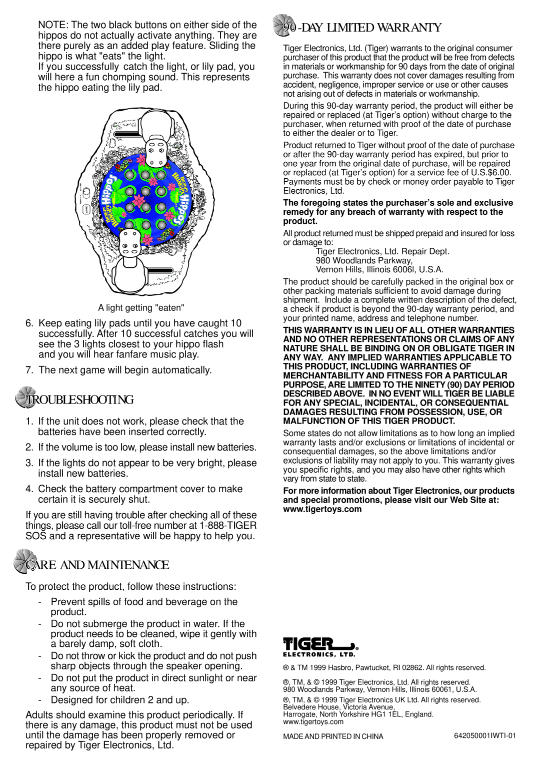 Hasbro 64-205 instruction manual Troubleshooting, DAY Limited Warranty, Care and Maintenance 