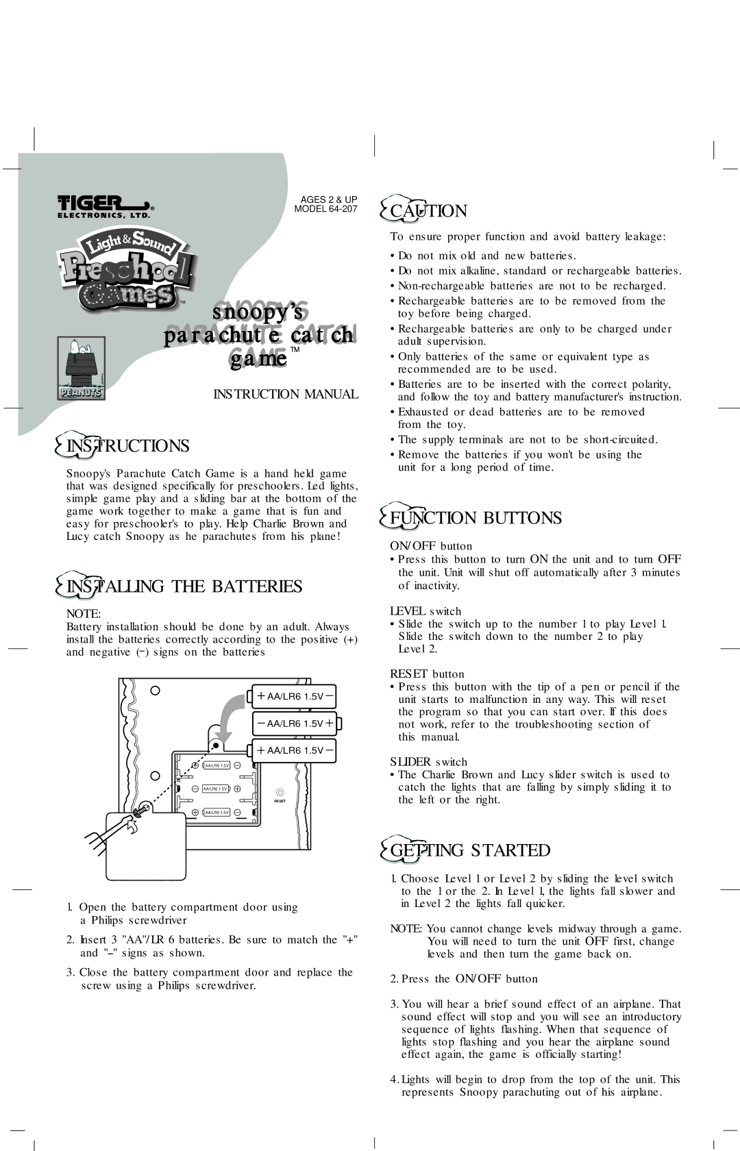 Hasbro 64-207 instruction manual Snoopy’s, Parachute catch, Game 