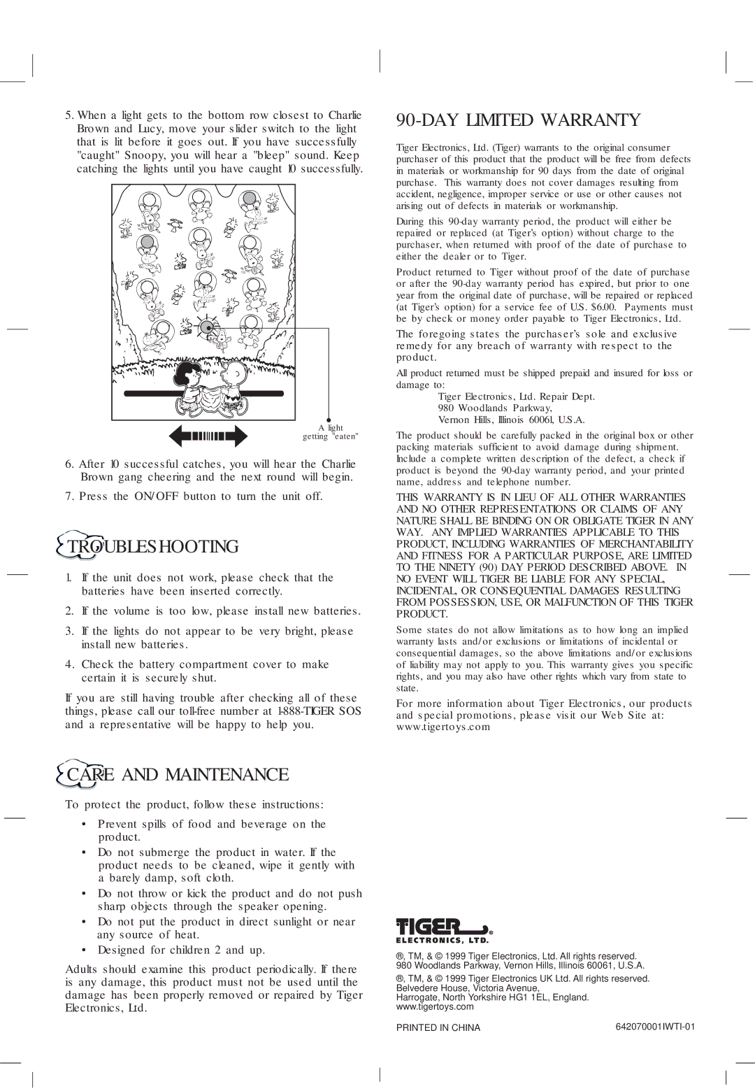 Hasbro 64-207 instruction manual Troubleshooting, DAY Limited Warranty, Care and Maintenance 