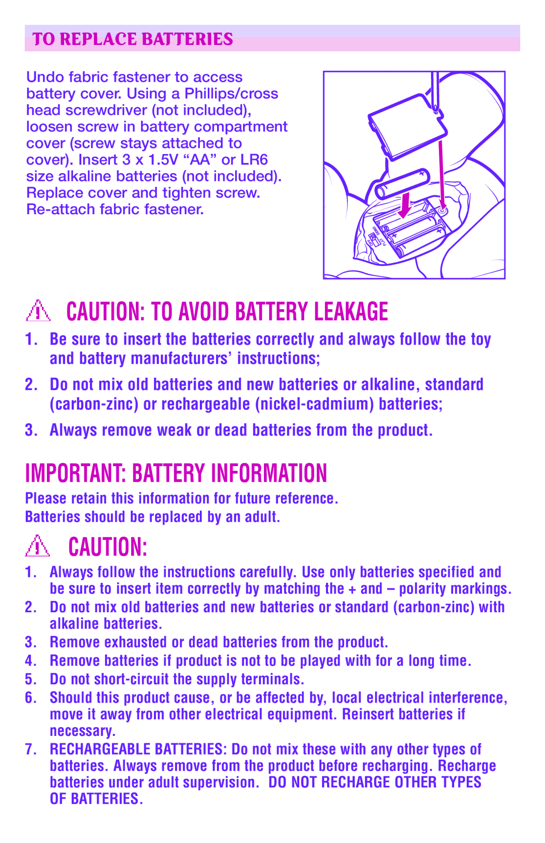 Hasbro 64788/64047 manual Important Battery Information, To Replace Batteries 