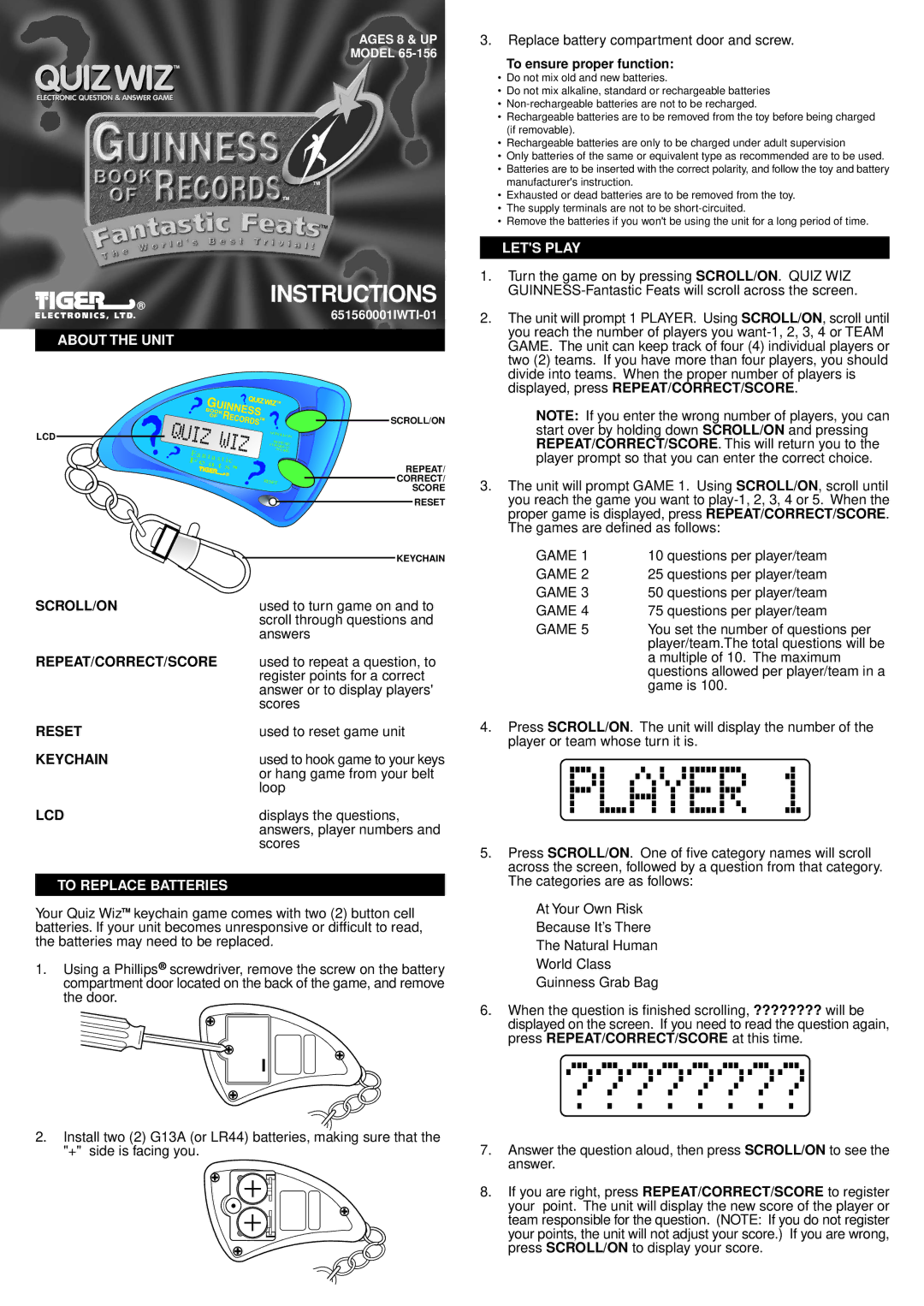 Hasbro 65-156 manual About the Unit, Lets Play, To Replace Batteries 