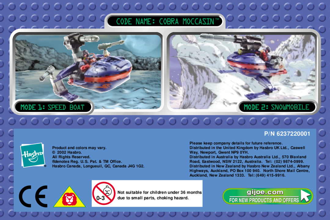 Hasbro 6501 manual Code Name Cobra Moccasin, MODE 1 SPEED BOAT, MODE 2 SNOWMOBILE, gijoe.com, For New Products And Offers 