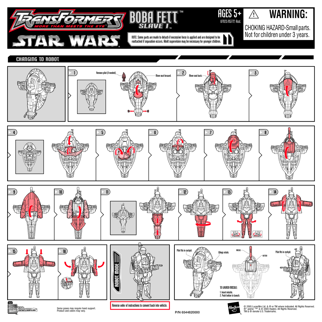 Hasbro 6544820000 manual Ages 5+, Robot Mode, Changing to Robot, To Launch Missile 