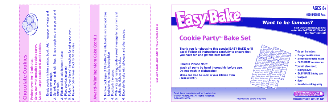 Hasbro 65564/65505 manual Cookie Party Bake Set, Chocolate Cookies, This set includes, You will also need 