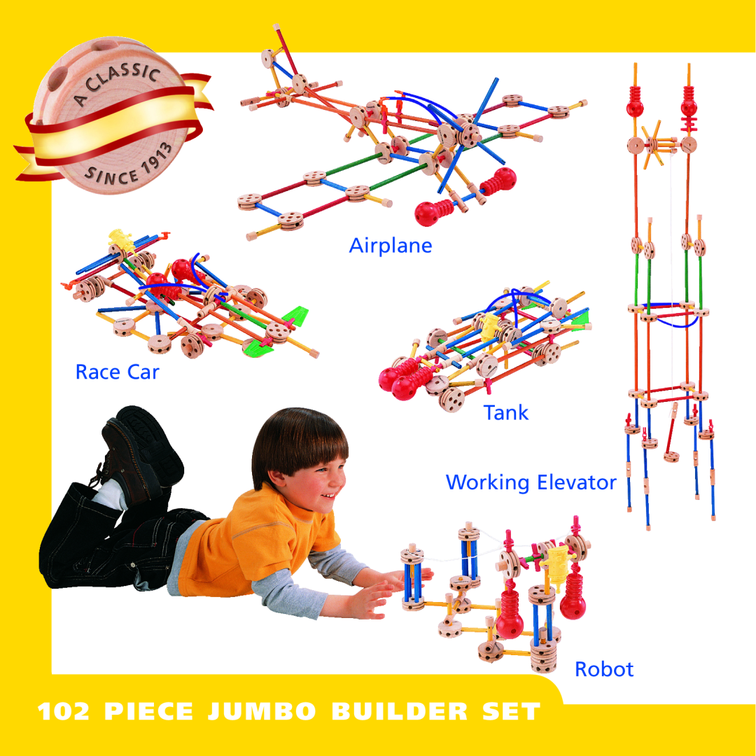 Hasbro 01531, 6574480000, 54809, 54811 manual Piece Jumbo Builder Set, Airplane Race Car Tank Working Elevator Robot 