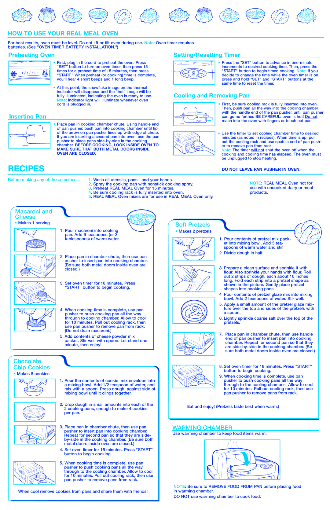 Hasbro 65759 manual HOW to USE Your Real Meal Oven, Macaroni Cheese, Chocolate Chip Cookies, Soft Pretzels 