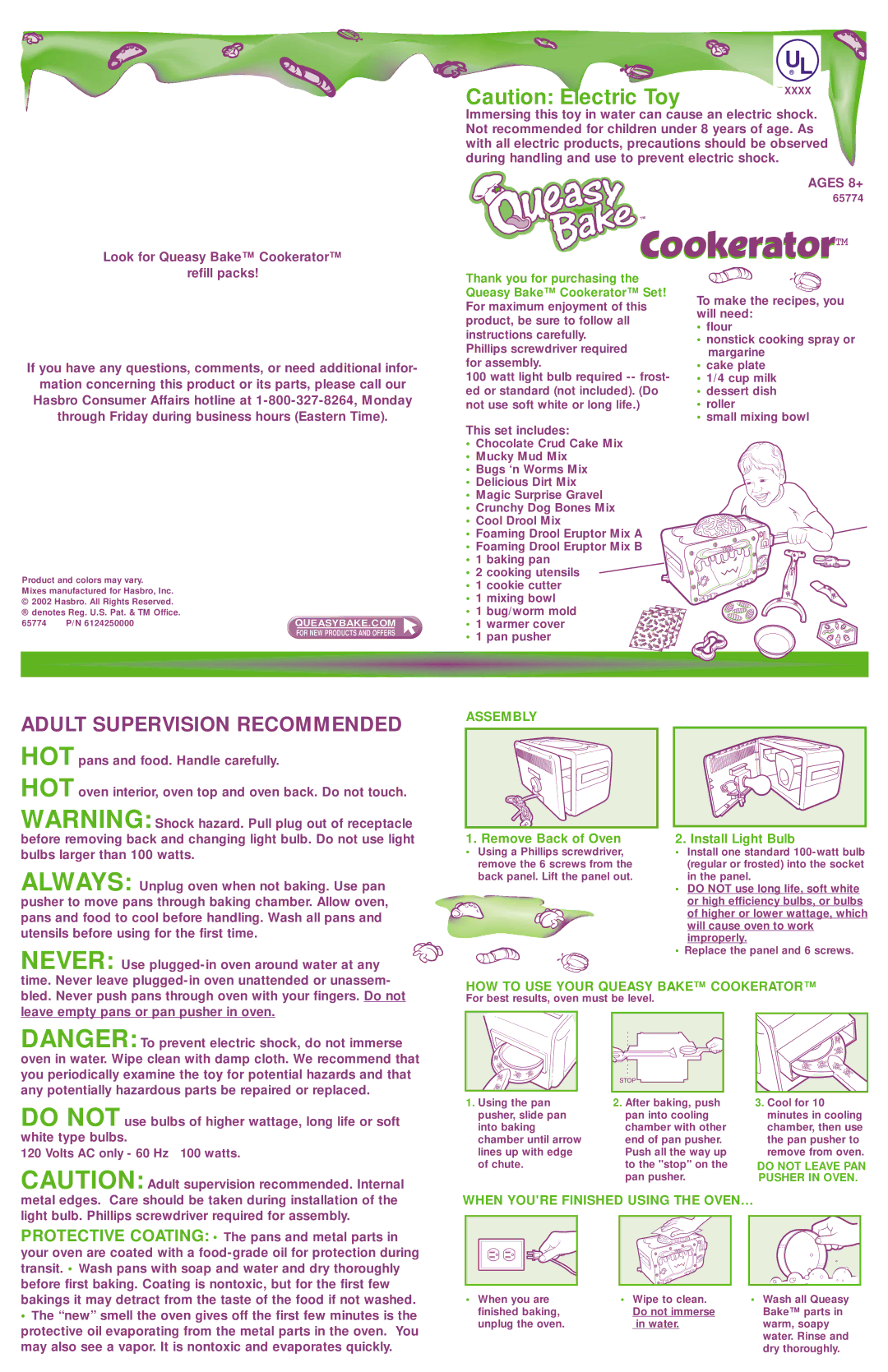 Hasbro 65774 manual Assembly, HOW to USE Your Queasy Bake Cookerator, When Youre Finished Using the OVEN… 