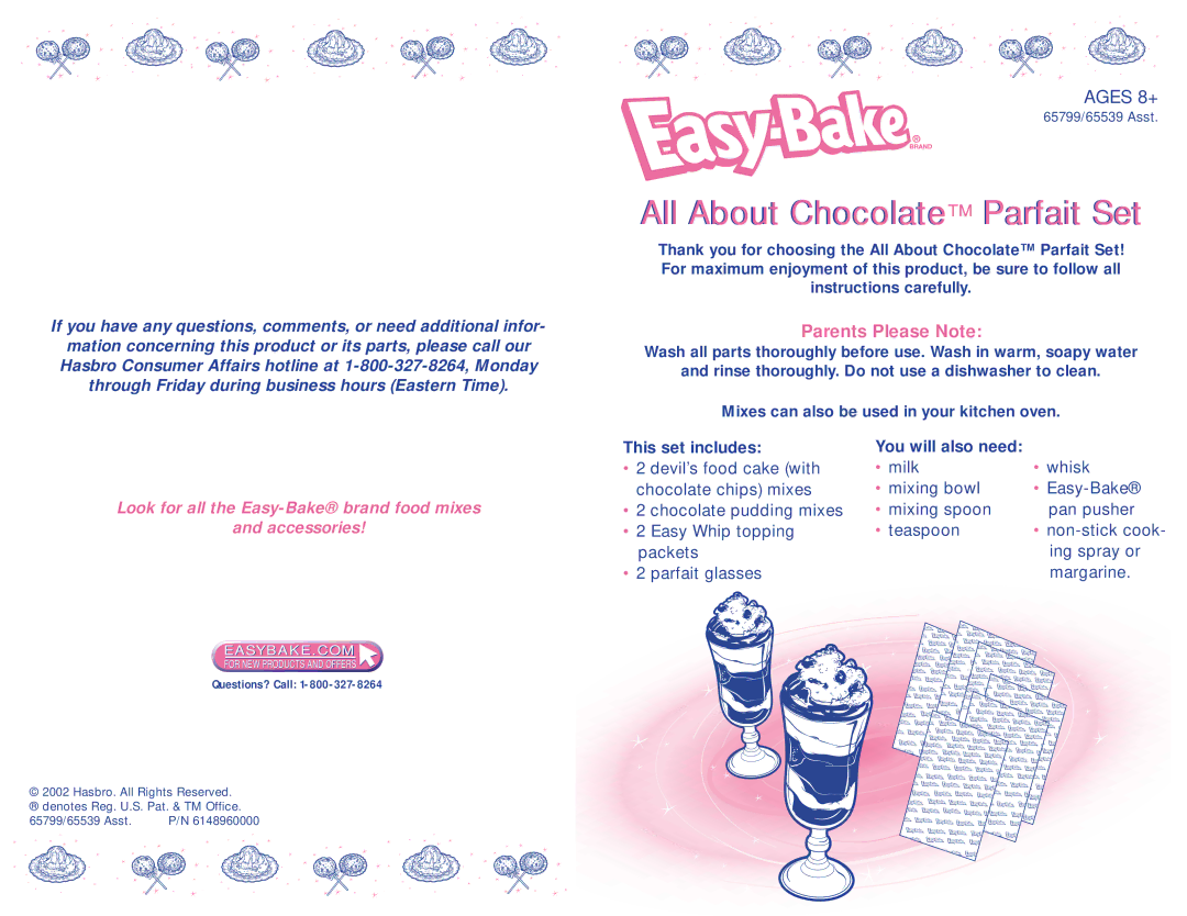 Hasbro 65799 manual All About Chocolate Parfait Set, Parents Please Note, This set includes, You will also need 