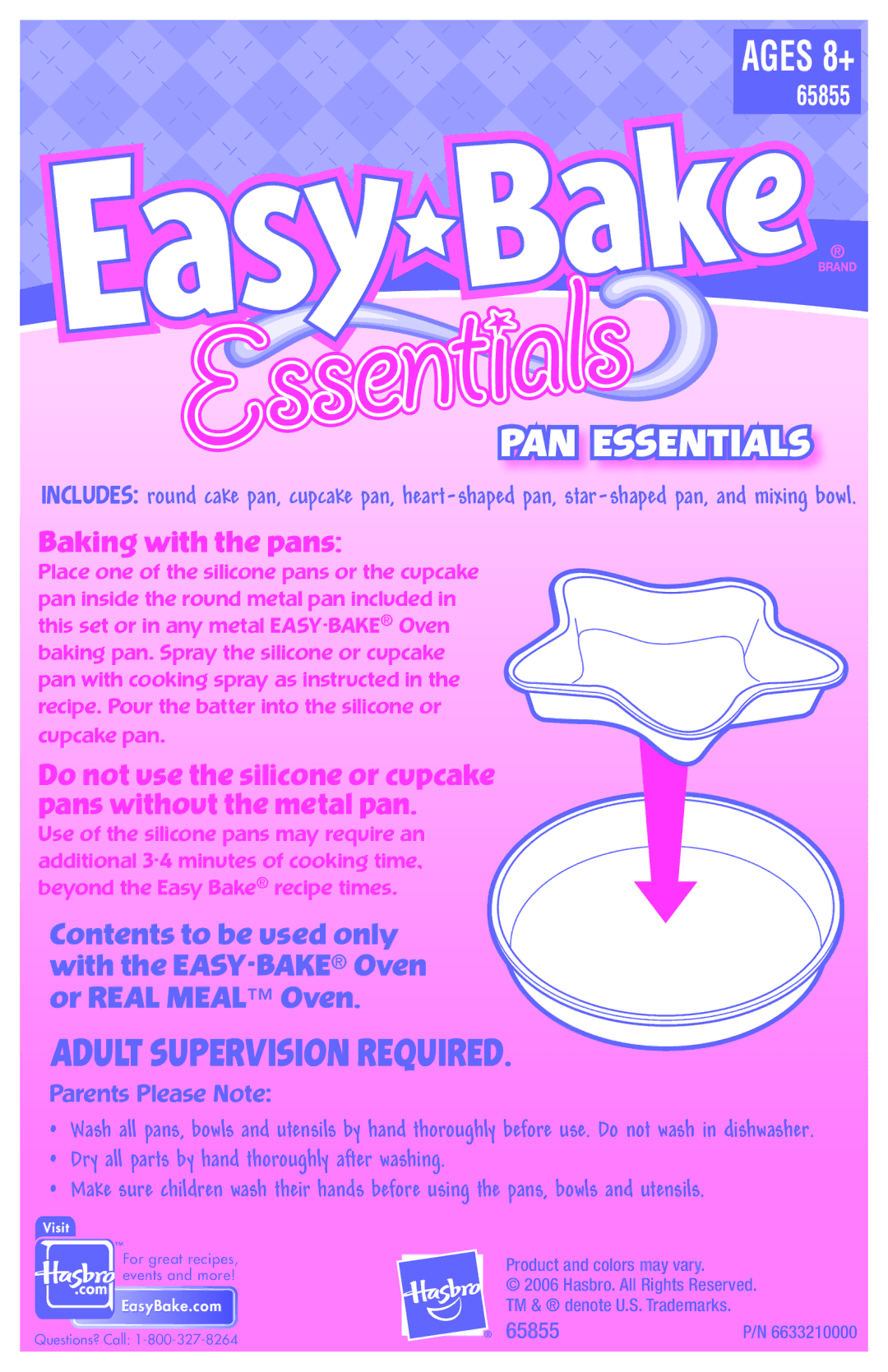 Hasbro 65855 manual Adult Supervision Required, PAN Essentials, Baking with the pans, Parents Please Note 