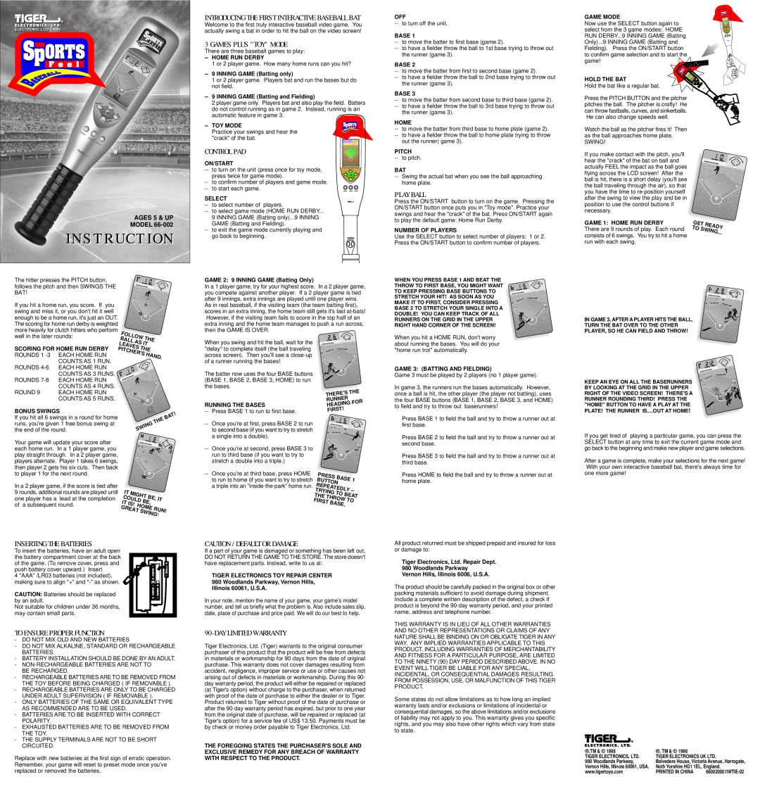 Hasbro 66-002 warranty Instruction, Introducing The First Interactive Baseball Bat, Games Plus Toy Mode, Control Pad, Hand 