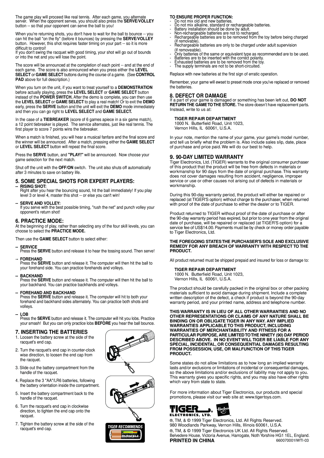 Hasbro 66-007 manual Some Special Shots for Expert Players, Practice Mode, Inserting the Batteries, Defect or Damage 