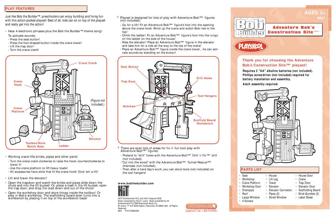 Hasbro 6601 manual Play Features, Parts List 