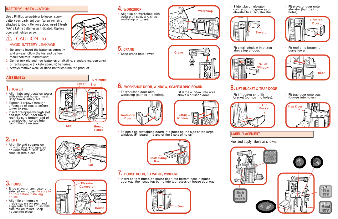 Hasbro 6601 Crane, Tower, Workshop DOOR, WINDOW, Scaffolding Board, Lift Bucket & Trap Door, Label Placement Lift 