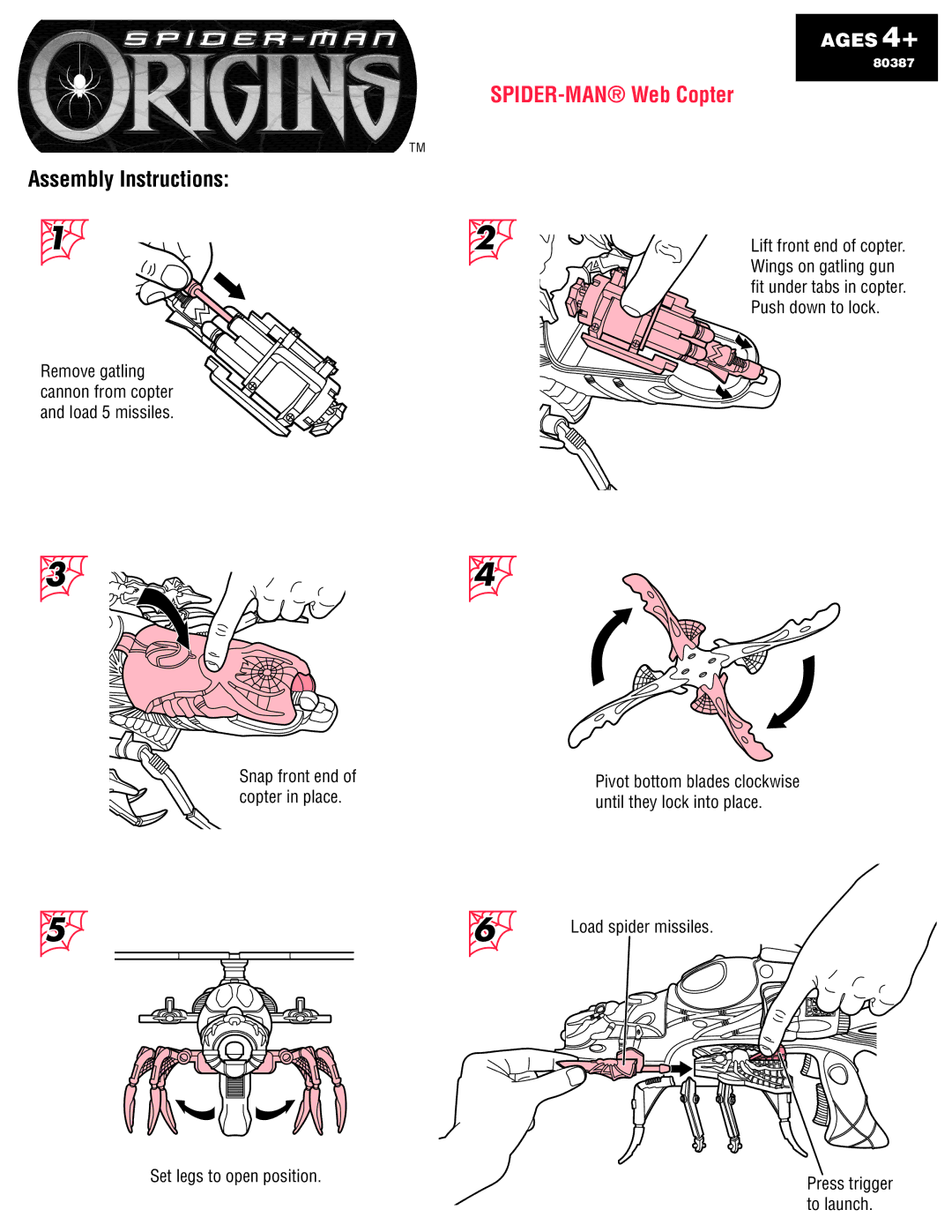 Hasbro 80387, 6631110000 manual SPIDER-MAN Web Copter, Assembly Instructions 